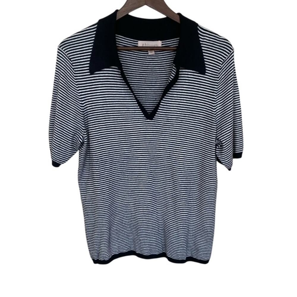 Philosophy Black and White Striped Collared Sweater - Large